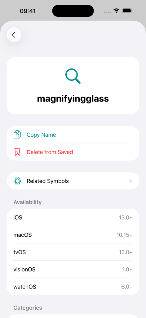 SF Search - SF Searchアプリでの虫眼鏡シンボルの詳細ビュー。プラットフォームの可用性と名前コピーオプションが表示されています。