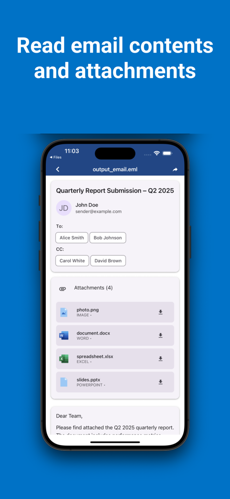 Oberfläche der E-Mail-Reader-App, die den Inhalt einer EML-Datei und ihre Anhänge auflistet