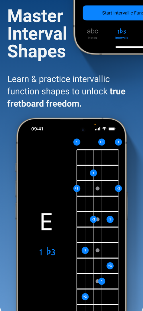 Interface móvel do aplicativo Solo mostrando formas de intervalo em um braço de guitarra virtual para prática de teoria musical