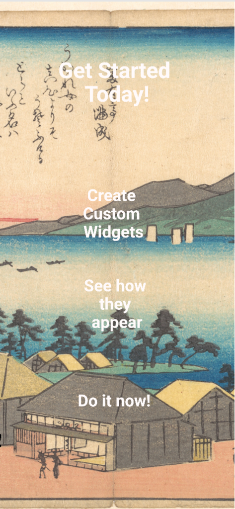 Zen Widgets - Écran de l'application Zen Widgets présentant une estampe de paysage japonais avec des superpositions de texte personnalisées.
