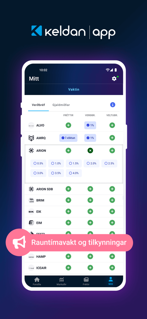 Keldan App - 주식 관심 목록과 실시간 알림 배너를 보여주는 Keldan 금융 앱 인터페이스