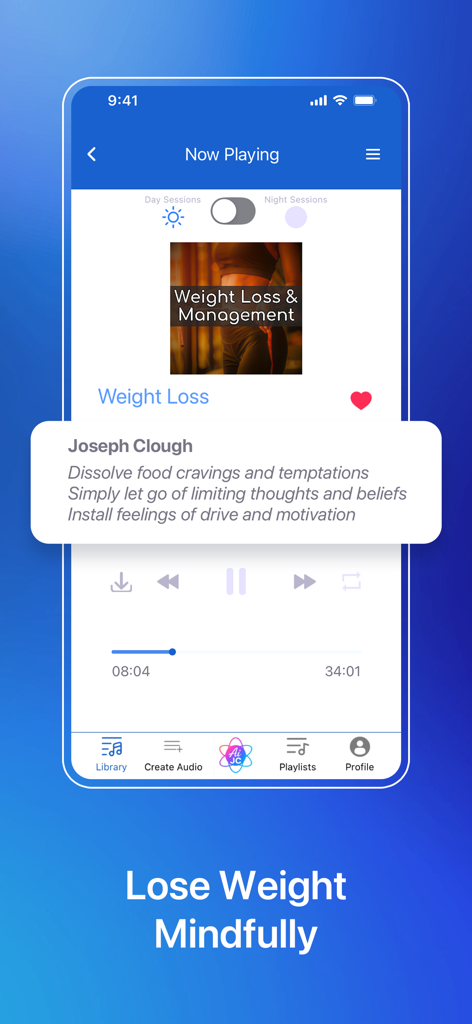 Hypnosis with Joseph Clough - Joseph Clough hypnosis app interface showing a weight loss and management audio session with the play screen and audio controls