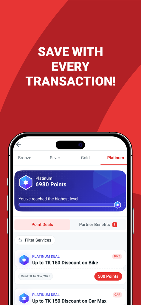 Pathao - Pathao app loyalty program interface displaying platinum level status and available discount deals for bike and car services