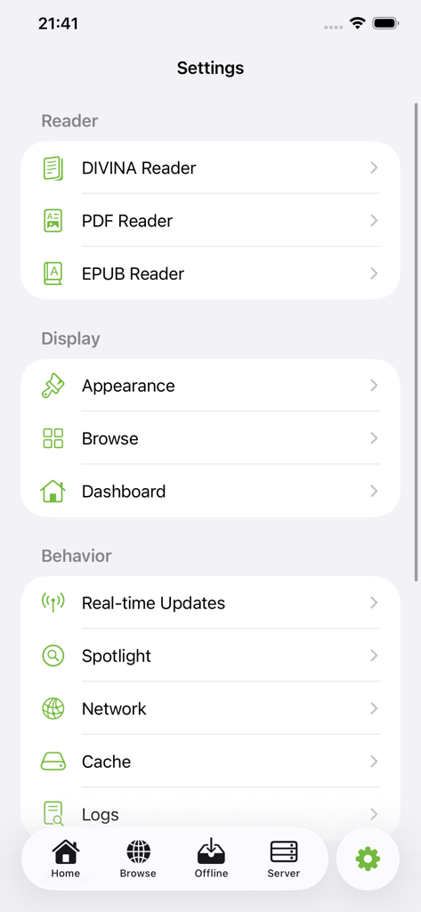 KMReader - Interfaz de configuración de KMReader que muestra las preferencias del lector, la configuración de pantalla y las opciones de comportamiento de la aplicación