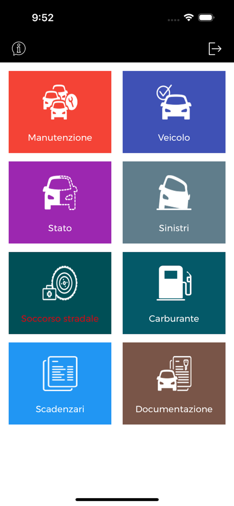 MyFleet Support - Menu principal de l'application MyFleet Support affichant une grille d'icônes pour la maintenance du véhicule, l'assistance routière et la gestion du carburant