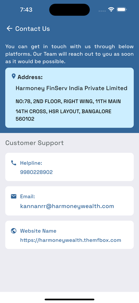 Harmoney - Contact Us screen of the Harmoney app showing company address in Bangalore and customer support helpline email and website