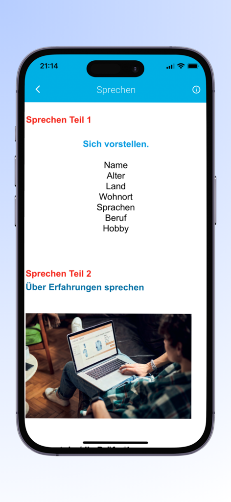 نماذج امتحان المانية - A screenshot of the speaking section in the German Exam Models app for practicing introductions and experiences