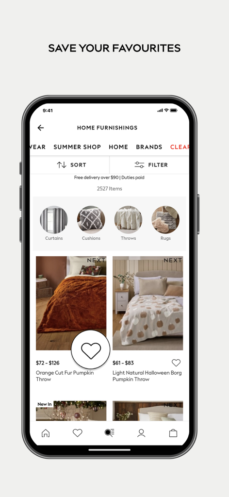 Next: Shop Fashion & Homeware - Mobile app screen for Next shopping showing home furnishings and a wishlist heart icon