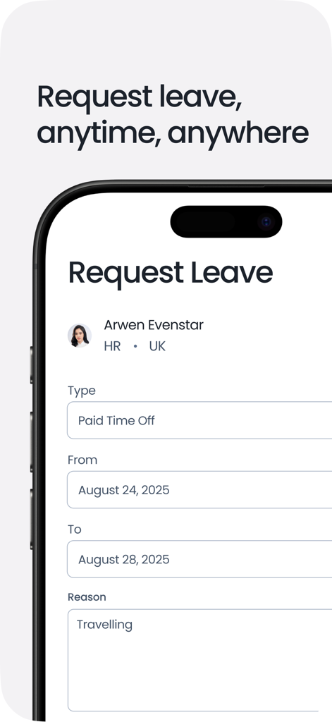 A mobile interface of the Vacation Tracker app showing a leave request form with fields for dates and leave type.