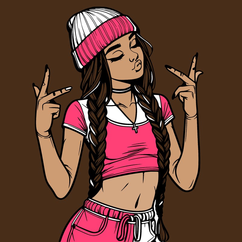 realistic teenage girl with braids and a beanie and crop top doing 🫶🏼