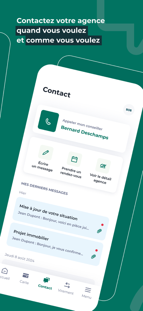 Interface for contacting a bank advisor in the Ma Banque app
