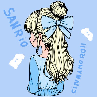 realistic girl  with hip length hair a bun and a big bow on the back of head