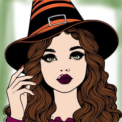 realistic girl with wavy hair and lips holding a witch hat