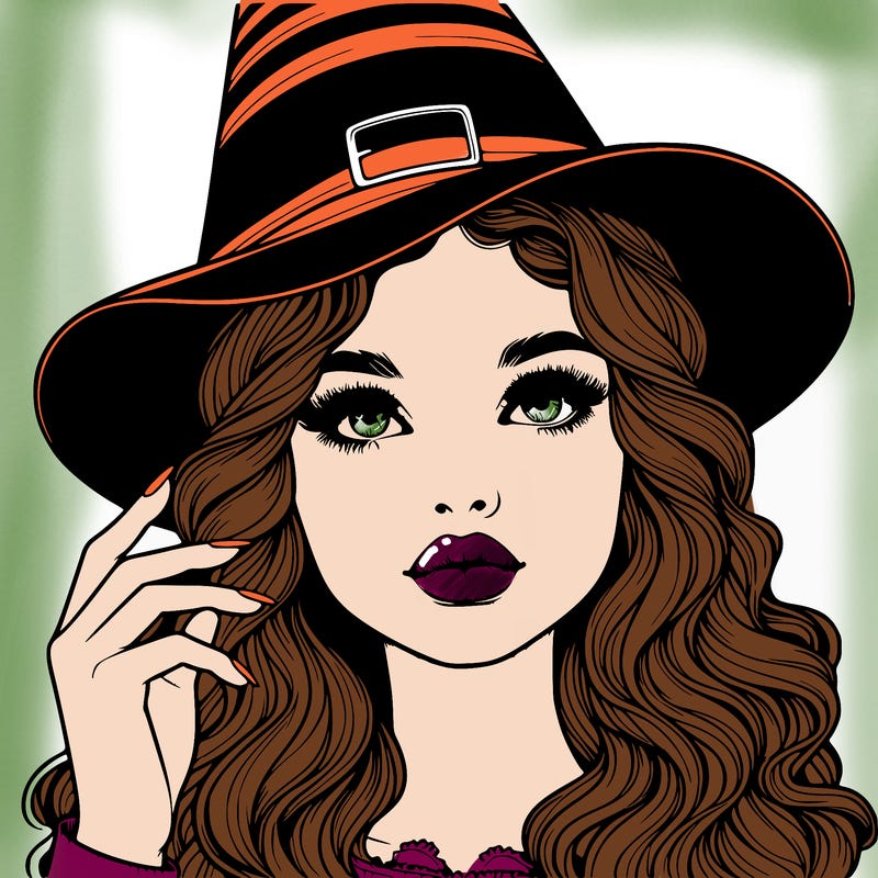 realistic girl with wavy hair and lips holding a witch hat