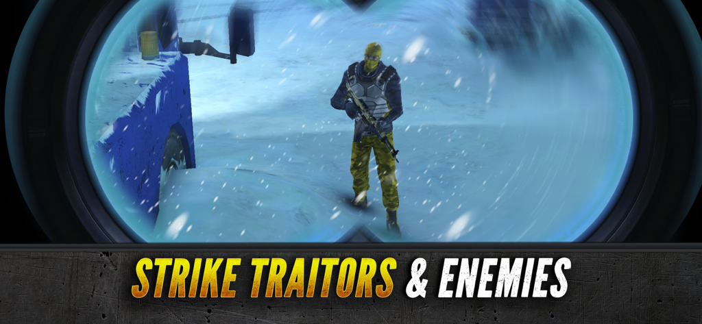 Sniper Fury: FPS Shooting Game - Sniper scope view of an enemy soldier during a blizzard in Sniper Fury FPS game