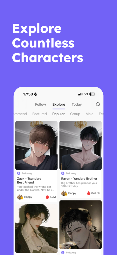 Rochat - AI Character Chat - Explore screen of Rochat app featuring a gallery of popular anime-style AI characters for roleplay.