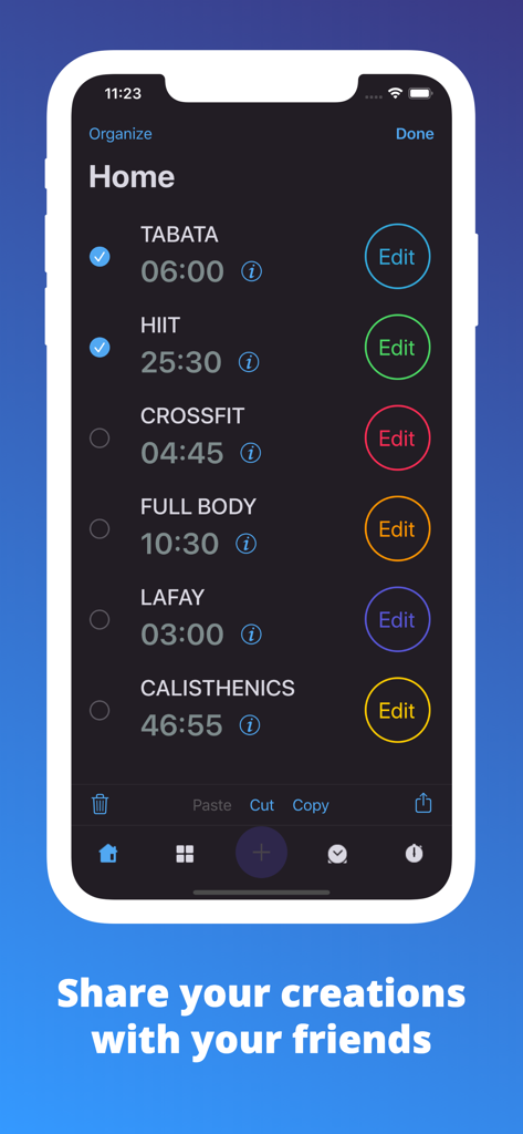 TimeFit - Interval Timer - TimeFit app home screen with a list of interval workouts and share creations text