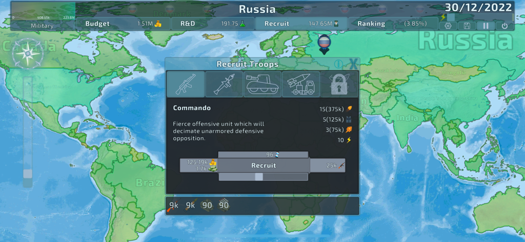 Recruitment menu in Dummynation showing commando unit stats over a world map interface.