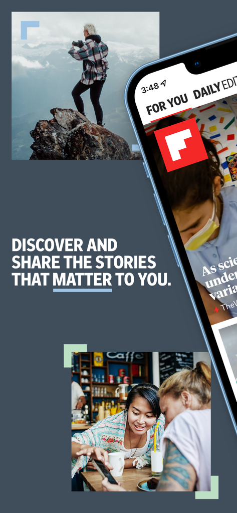 Flipboard: The Social Magazine - Interfaccia dell'app Flipboard con il testo Scopri e condividi le storie che contano per te e immagini di persone che leggono e scattano foto