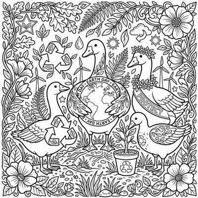Join a trio of delightful geese in a heartwarming tribute to Earth Day with this intricate coloring page. Discover scenes of nature, recycling, and global stewardship waiting for your creative touch.