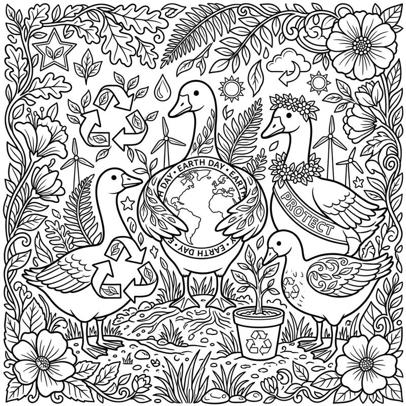 Join a trio of delightful geese in a heartwarming tribute to Earth Day with this intricate coloring page. Discover scenes of nature, recycling, and global stewardship waiting for your creative touch.