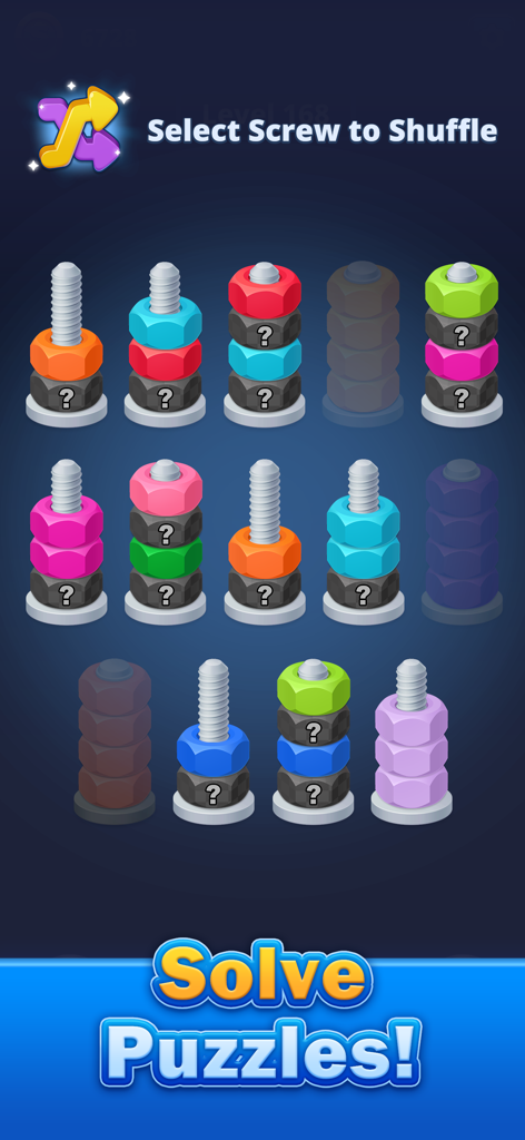 Nuts Factory: Sort Puzzle - Una pantalla de juego móvil que muestra tuercas coloridas siendo clasificadas en pernos metálicos con una opción de herramienta de barajar.
