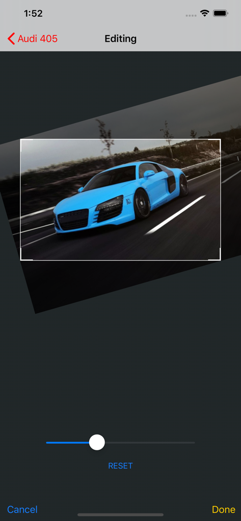 Car Wallpapers in HD - Editando un fondo de pantalla de un coche deportivo Audi azul de alta definición en la aplicación