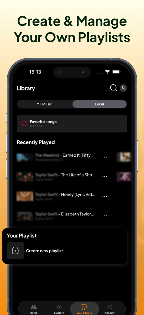 Une interface d'application mobile pour créer et gérer des playlists musicales personnelles dans Music X - Music Streaming Pro.
