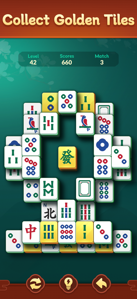 Shanghai Mahjongg Puzzle - Mahjong Solitaire gameplay screen with large traditional tiles and a central golden tile to collect