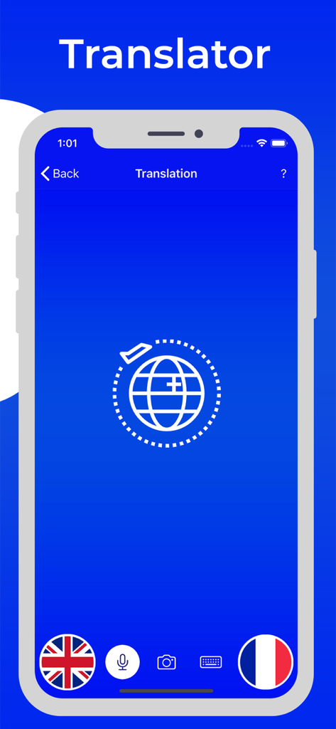 Interfaz de la aplicación Traducción y Traductor en iPhone mostrando opciones de traducción de voz y foto entre inglés y francés