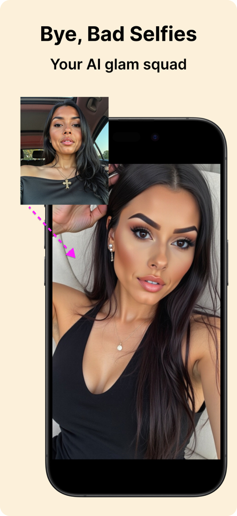 Photogeniq: AI Photo Generator - Before and after comparison of a casual selfie transformed into a professional glam photo using Photogeniq AI generator