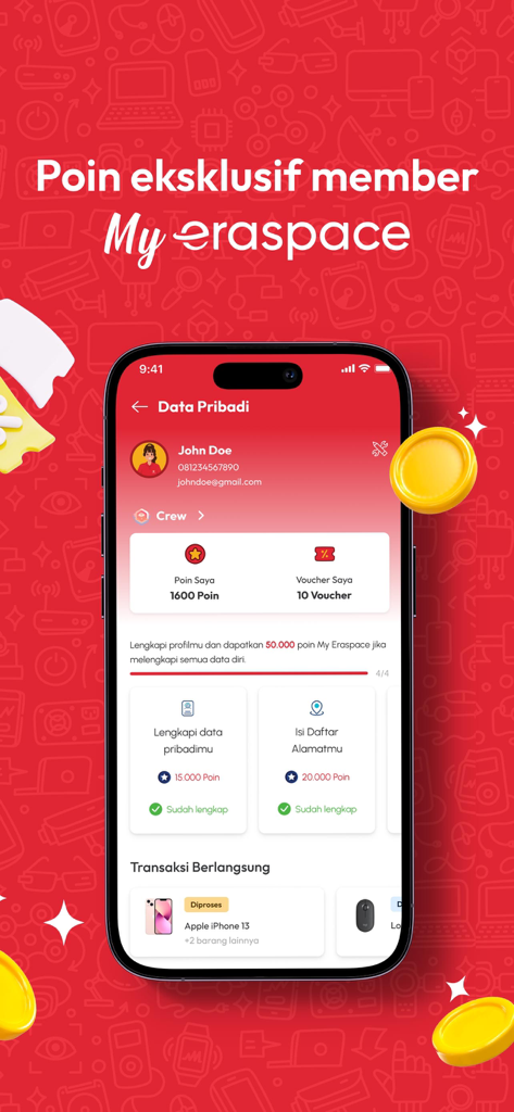 Erafone app MyEraspace loyalty rewards and member profile page showing points and vouchers
