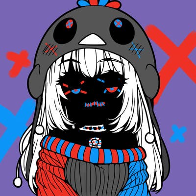 anime girl with chick shaped hat with sweater with bare shoulders with bangs covering them one eye with low tail