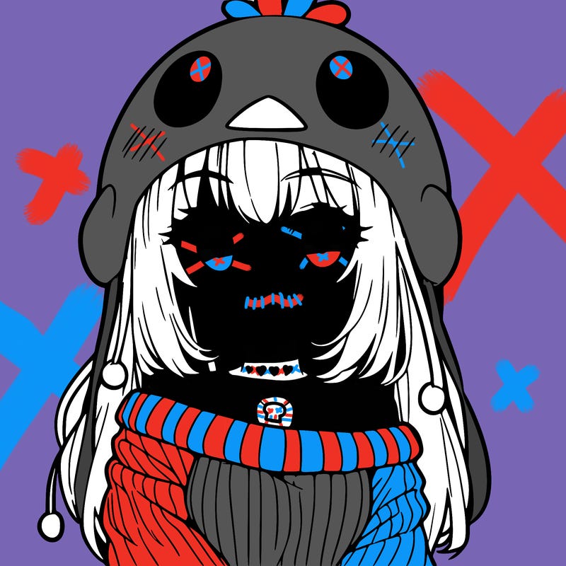 anime girl with chick shaped hat with sweater with bare shoulders with bangs covering them one eye with low tail