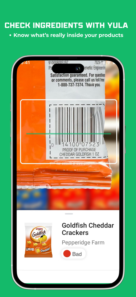 Yula - Food & Cosmetic Scanner - Smartphone screen using Yula app to scan a snack barcode and displaying its health rating