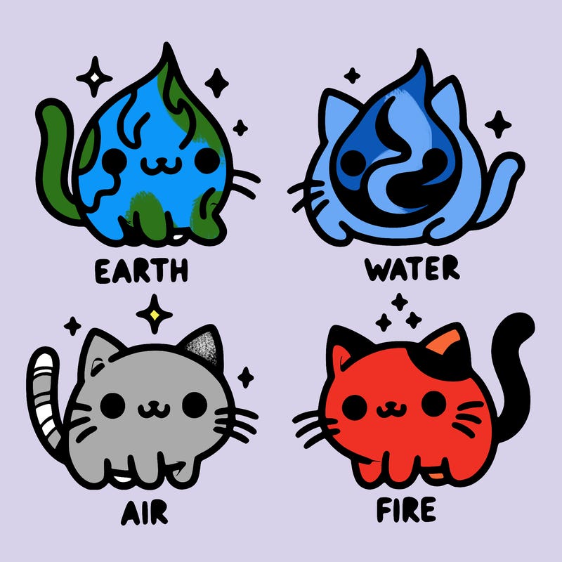 4 cats that represent the different elements, earth, water, air, and fire