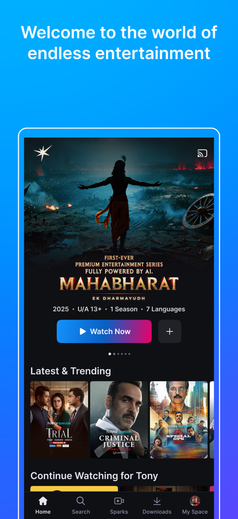 Pantalla de inicio de la aplicación JioHotstar que muestra la serie Mahabharat y contenido popular