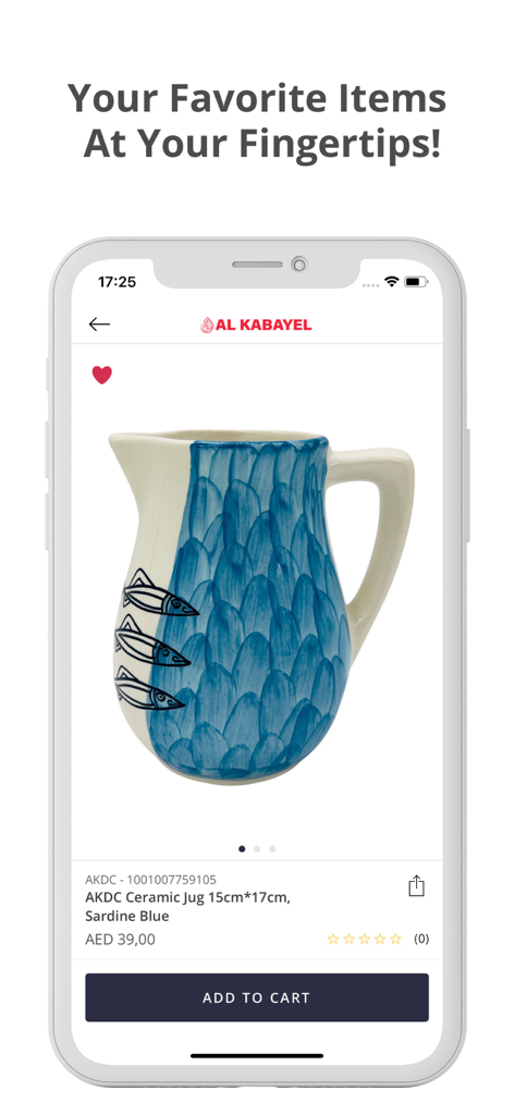 AL KABAYEL - Online Shopping - Al Kabayel online shopping app screen showing a decorative blue and white ceramic jug with sardine patterns