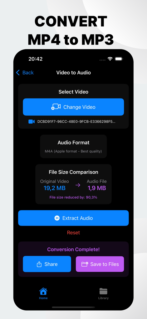 Interface of CompressX app showing how to convert an MP4 video to an MP3 audio file with 90 percent file size reduction