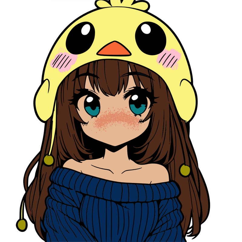 anime girl with chick shaped hat with sweater with bare shoulders with bangs covering them one eye with low tail