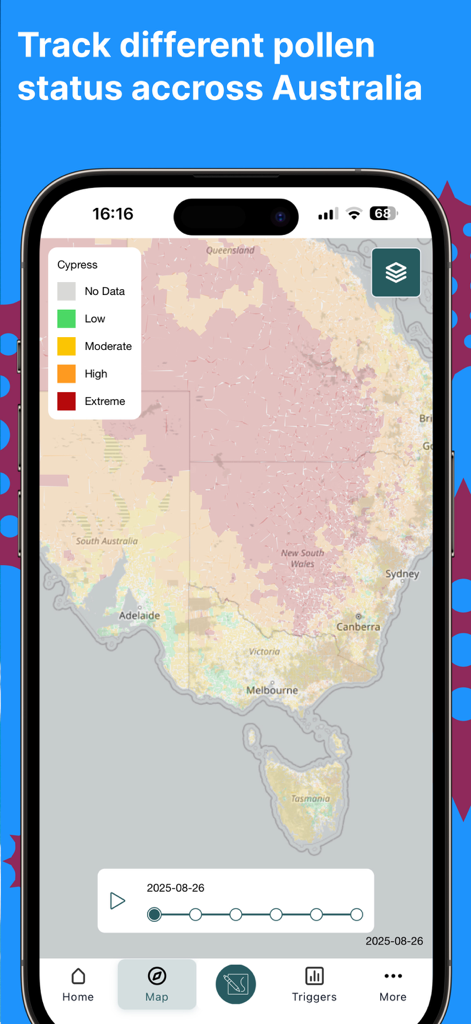 Canberra Pollen Count - A smartphone screen showing a color coded map of Australia with pollen levels and a date slider