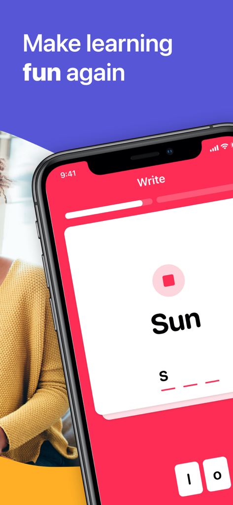 BeLingual - Language Learning - BeLingual app interface showing a language writing game with a spelling exercise for the word Sun