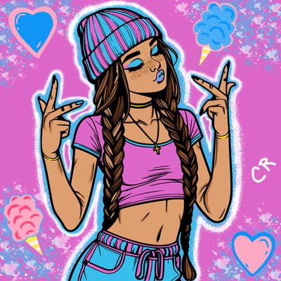 realistic teenage girl with braids and a beanie and crop top doing 🫶🏼
