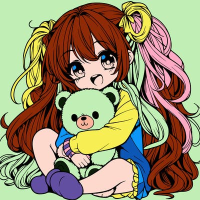 manga girl, long curly hair, happy, cuddling a teddy bear