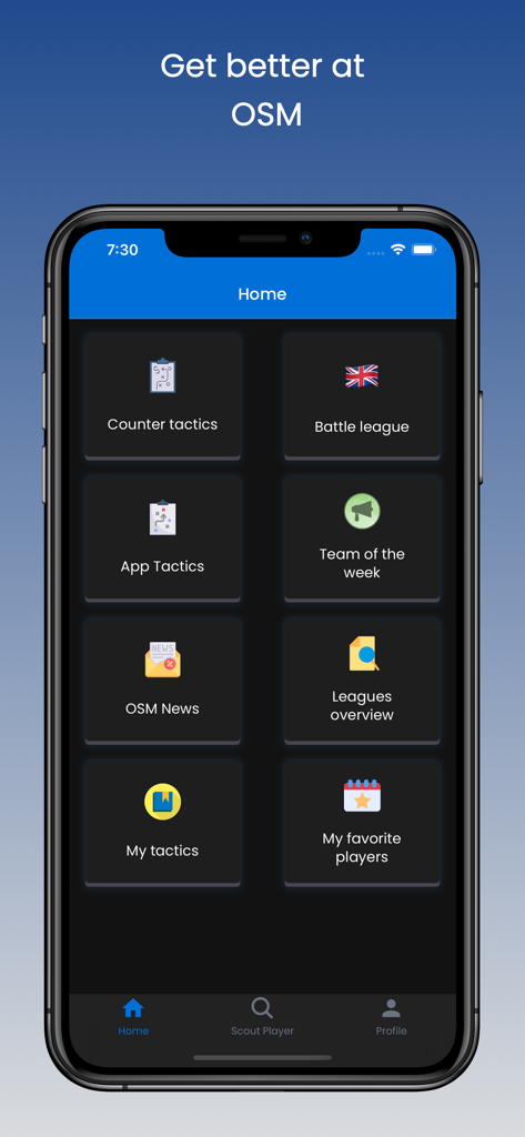 OSM Tactics, AI Tactics - OSM Tactics app home screen displaying menu options for counter tactics, battle league, and team of the week