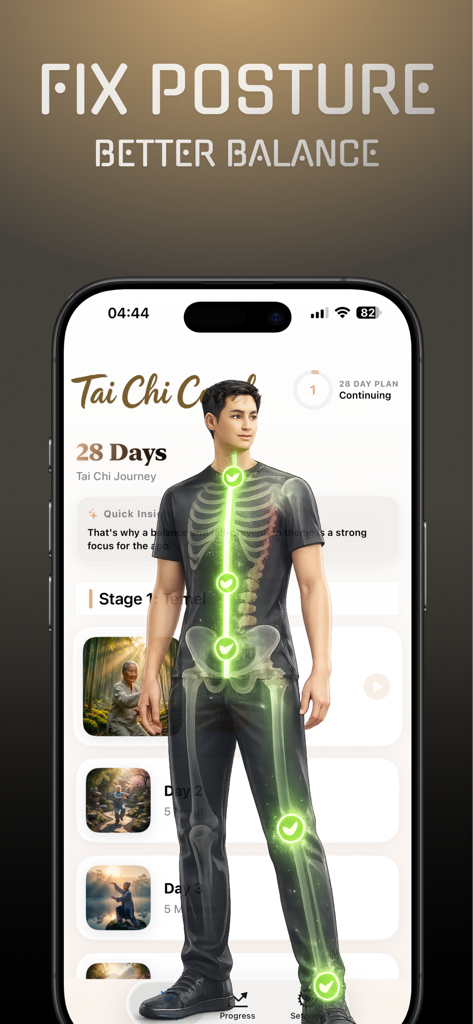 Tai Chi & Qigong: Home Coach - Mobile app screen demonstrating posture correction with a 3D skeletal overlay for Tai Chi exercises.