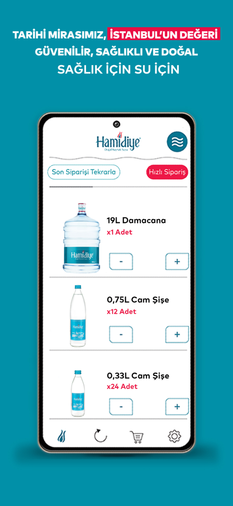 Hamidiye Su mobile app interface showing water delivery options for carboys and glass bottles