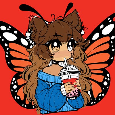 a realistic butterfly/furry girl drinking boba