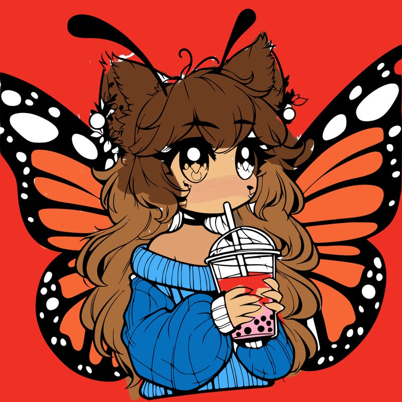 a realistic butterfly/furry girl drinking boba