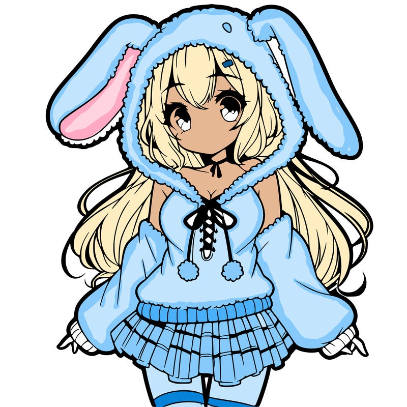 pretty anime girl wearing a fluffy hoodie with bunny ears on the hood and a skirt